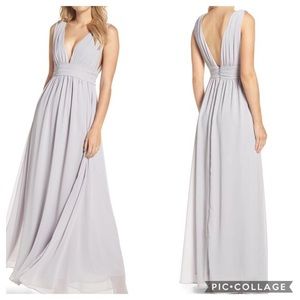 Lulus plunging v neck chiffon gown light grey